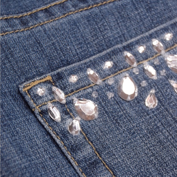 White House Black Market denim rhinestones patchwork mini skirt - Picture 4 of 7